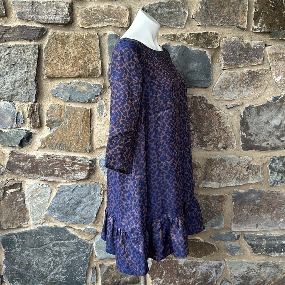 Sezane Robe Auberie Jacquard Leopard Blue Ruffled Hem Shift Dress size 36 (4) - Picture 5 of 12